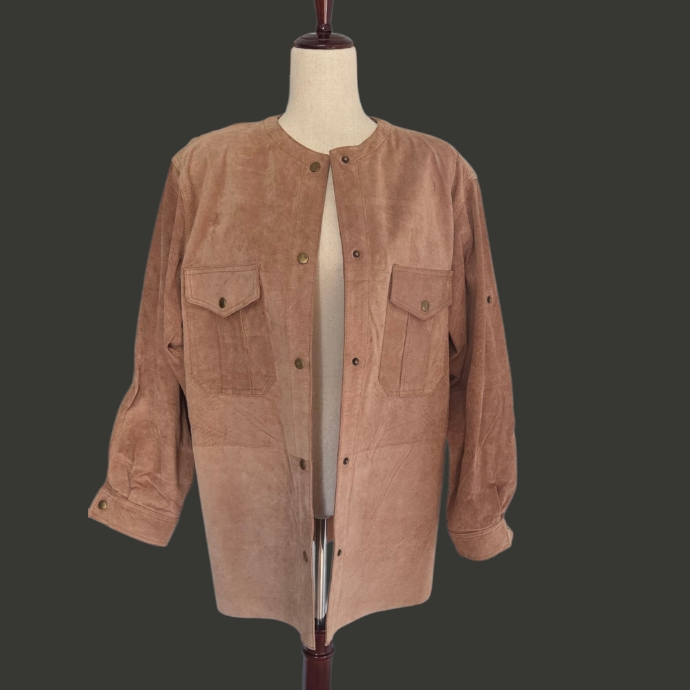 Vintage Tan Brown Leather Utility Jacket M/L Snap Front Shacket 100% Leather - Picture 2 of 12